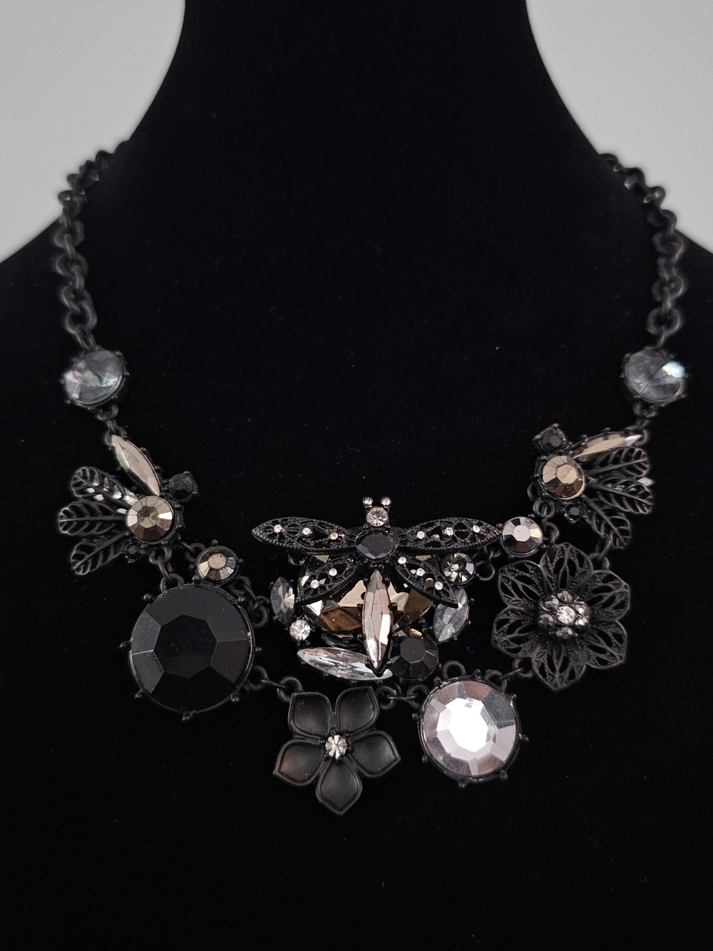 Betsey Johnson Black Floral Statement Necklace With Dragonfly Centerpiece